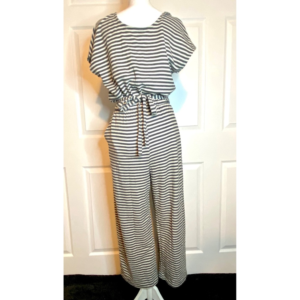 Old Navy Striped Short Sleeve Wide Leg Jumpsuit Blue White Small Elastic Waist